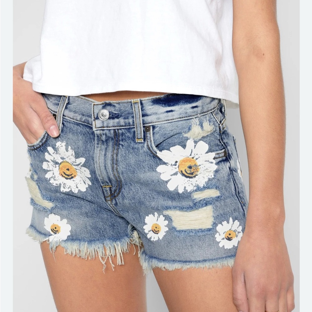 7 For All Mankind Daisy Ripped Blue Denim Shorts Size 24